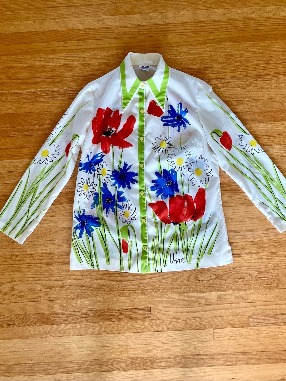 Vintage Vera Neumann Button-Up Blouse with Red & Blue Blooms sz 12